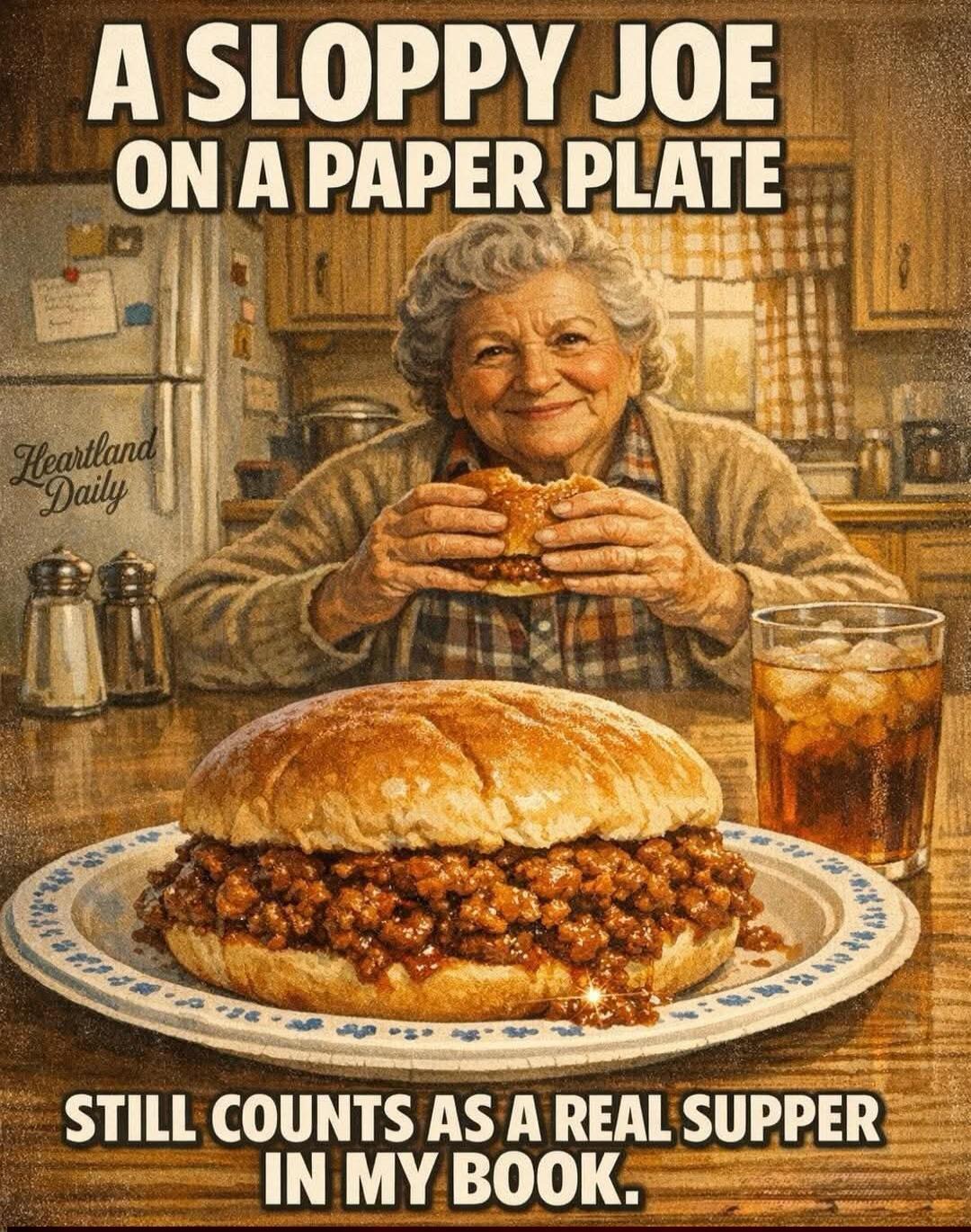 A SLOPPY JOE ON A PAPER PLATE STILL COUNTS AS A REAL SUPPER IN MY BOOK.