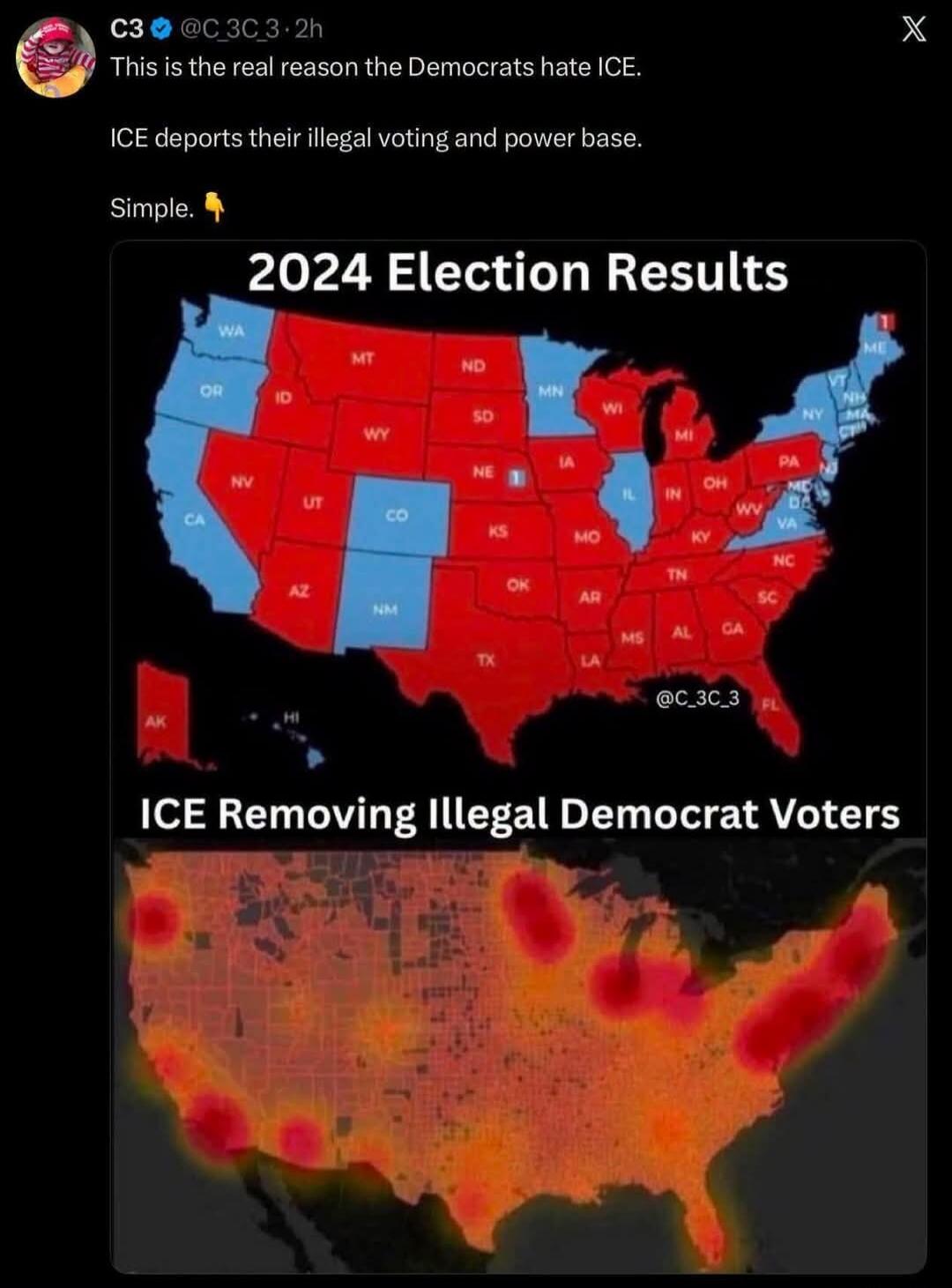 This is the real reason the Democrats hate ICE. ICE deports their illegal voting and power base. Simple. 2024 Election Results. ICE Removing Illegal Democrat Voters. The image displays two maps of the United States. The top map shows states colored red and blue, representing hypothetical '2024 Election Results'. The bottom map, titled 'ICE Removing