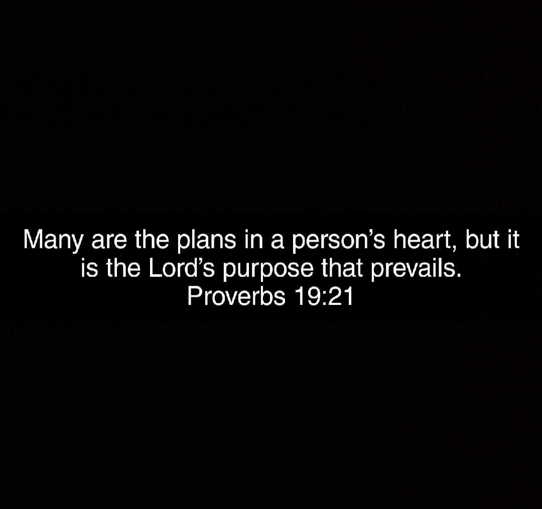 Many are the plans in a person's heart, but it is the Lord's purpose that prevails. Proverbs 19:21