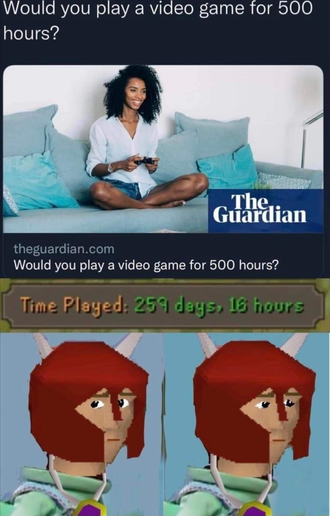 WelVieRYelVR o tVR WVioToN F1pq R el 100 hours R Glrediun FOEGEL R Would you play a video game for 500 hours A Time Played