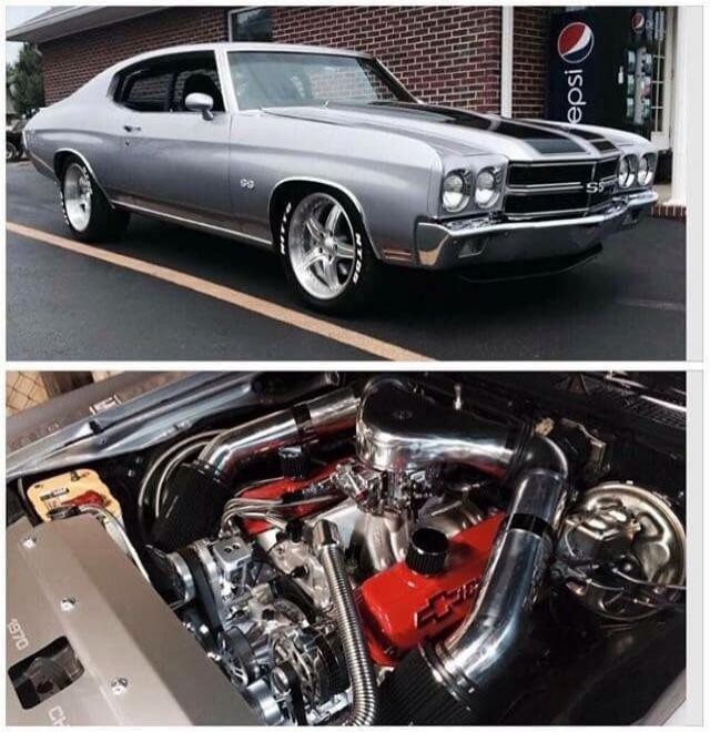 The image shows a classic silver Chevrolet Chevelle SS from 1970. The top part displays the exterior of the car, highlighting its sleek design and black racing stripes. The bottom part provides a detailed view of the car's powerful engine, showcasing its chrome components and performance modifications.
