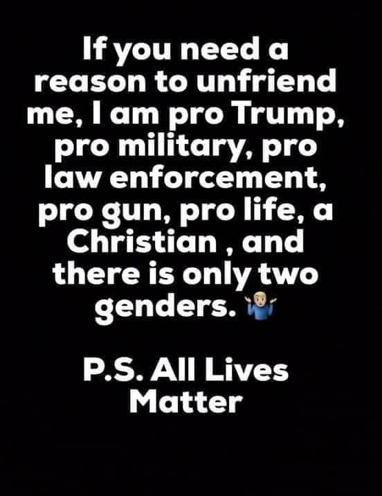 VLITRL T K CEELD RGRTT T T me am pro Trump pro military pro law enforcement pro gun pro life a Christian and there is only two genders 17 R 1 Matter