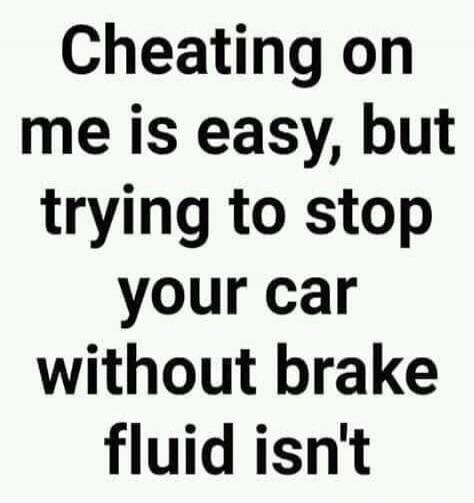 Cheating on me is easy, but trying to stop your car without brake fluid isn't