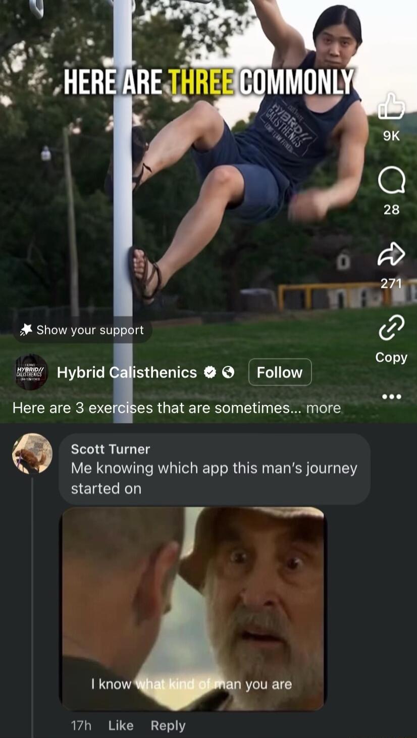 A Show your support I Hybrid Callisthenics Follow Here are 3 exerises that are sometimes more 6 Scott Turner Me knowing which app this mans journey started on I know you are 17h Like Reply