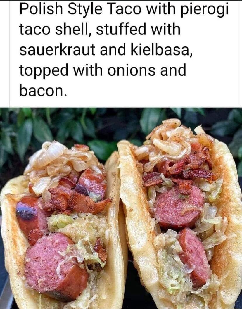 Polish Style Taco with pierogi taco shell stuffed with sauerkraut and kielbasa topped with onions and bacon