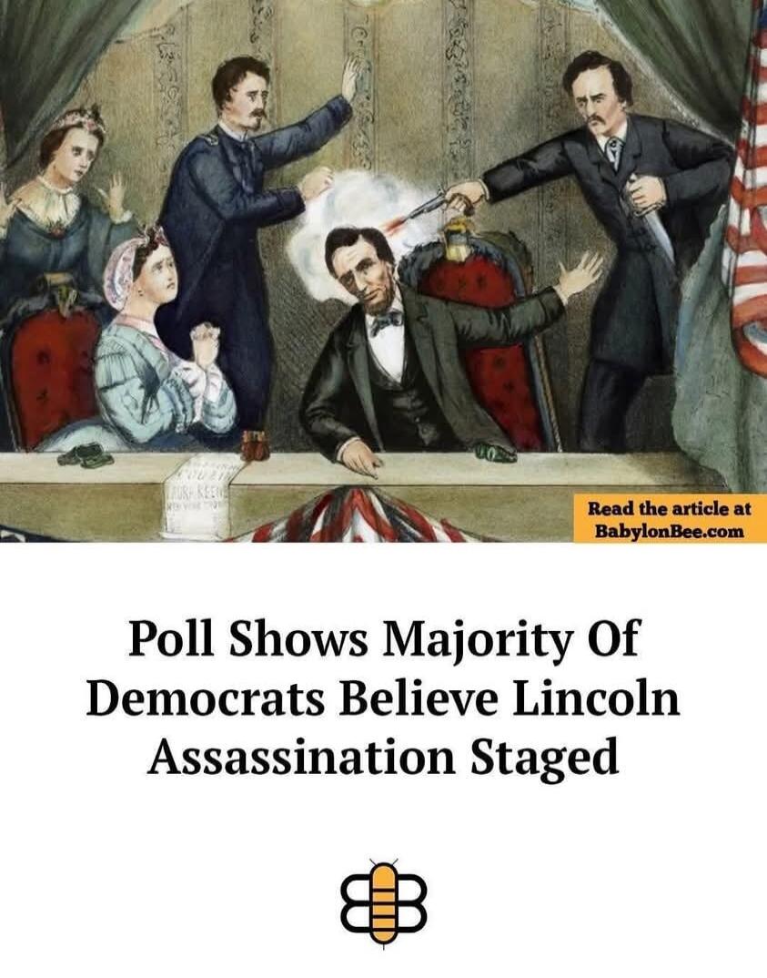 Poll Shows Majority Of Democrats Believe Lincoln Assassination Staged. Read the article at BabylonBee.com