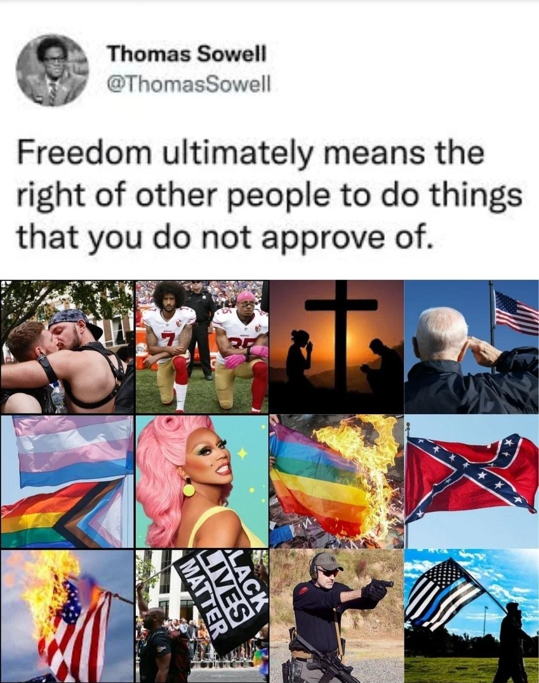 Thomas Sowell ThomasSowell Freedom ultimately means the right of other people to do things that you do not approve of