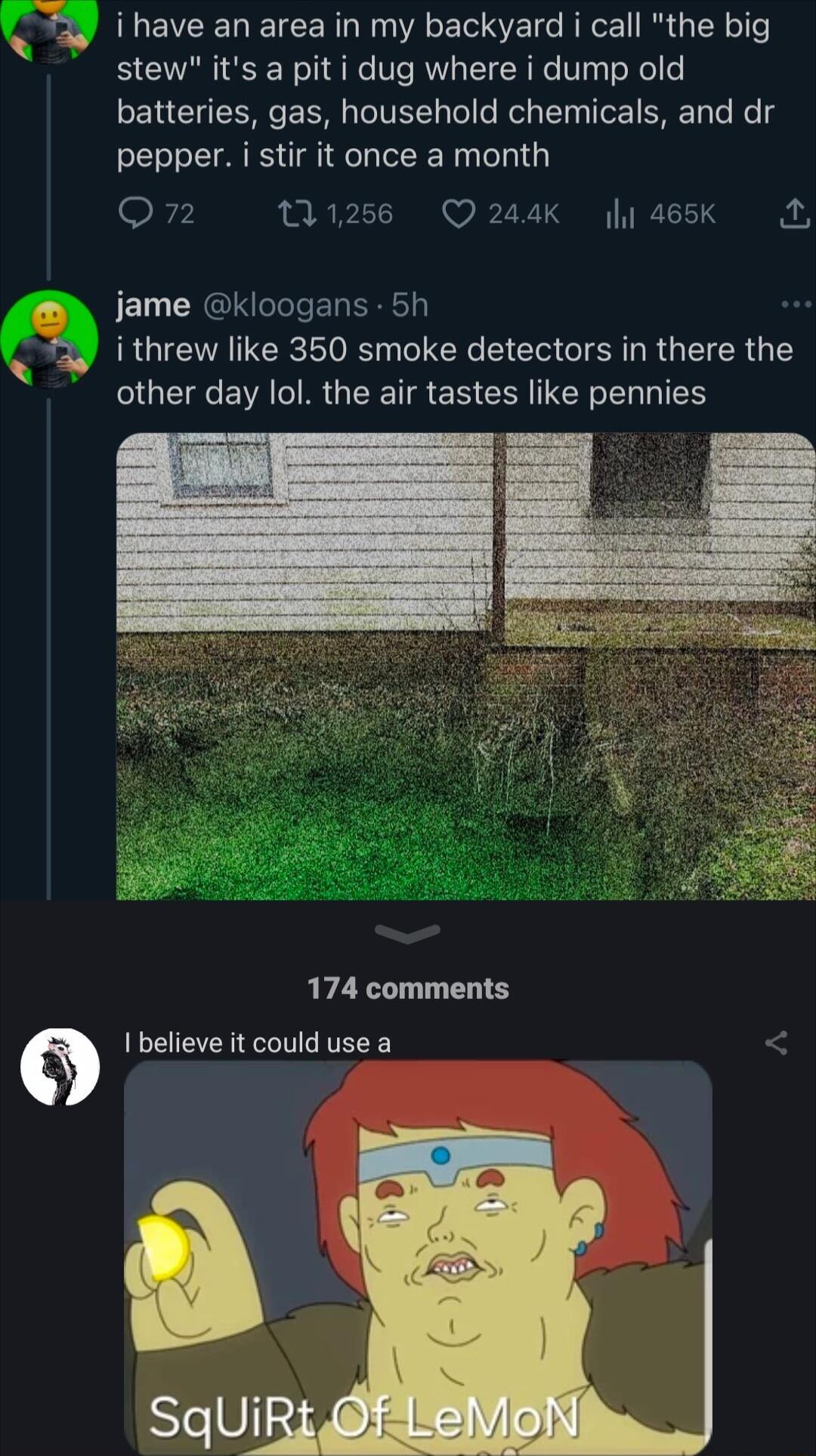 tv_ i have an area in my backyard i call the big stew its a pit i dug where i dump old batteries gas household chemicals and dr pepper i stir it once a month 7 1256 Q 244K 465K jame kloogans 5h a9 ithrew like 350 smoke detectors in there the G EVA TR G TR ER CEN N I 174 comments 1 believe it could use a