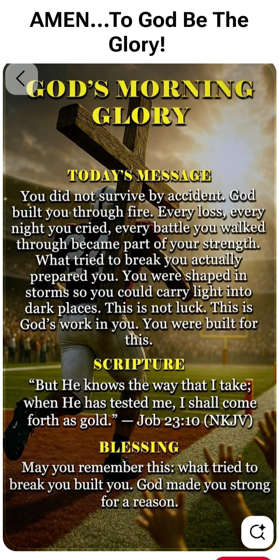 AMEN...To God Be The Glory! GOD'S MORNING GLORY TODAY'S MESSAGE You did not survive by accident. God built you through fire. Every loss, every night you cried, every battle you walked through became part of your strength. What tried to break you actually prepared you. You were shaped in storms so you could carry light into dark places. This is not 