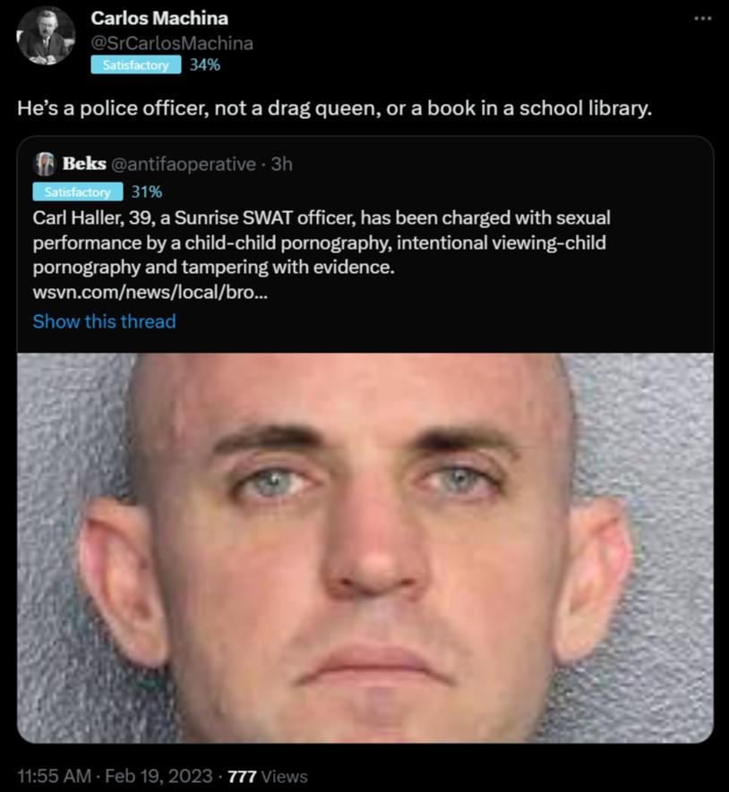 S Hes a police officer not a drag queen or a book n a school library Beks Carl Halle 39 a Sunrise SWAT officer has been charged with sexual performance by a child child pornography intentional viewing child pomography and tampering with evidence wsvncomnewslocalbro
