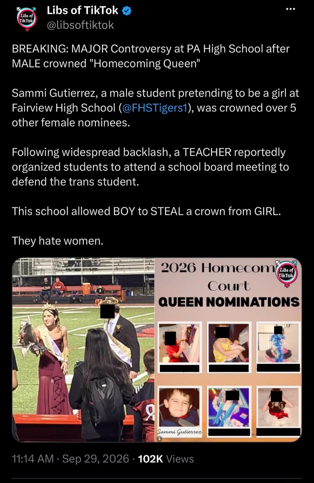 Libs of TikTok. BREAKING: Major controversy at PA High School after a male was crowned 'Homecoming Queen'. Sammi Gutierrez, a male student pretending to be a girl at Fairview High School, was crowned over 5 other female nominees. Following widespread backlash, a teacher reportedly organized students to attend a school board meeting to defend the tr