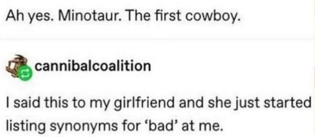 Ah yes Minotaur The first cowboy cannibalcoalltion said this to my girlfriend and she just started listing synonyms for bad at me