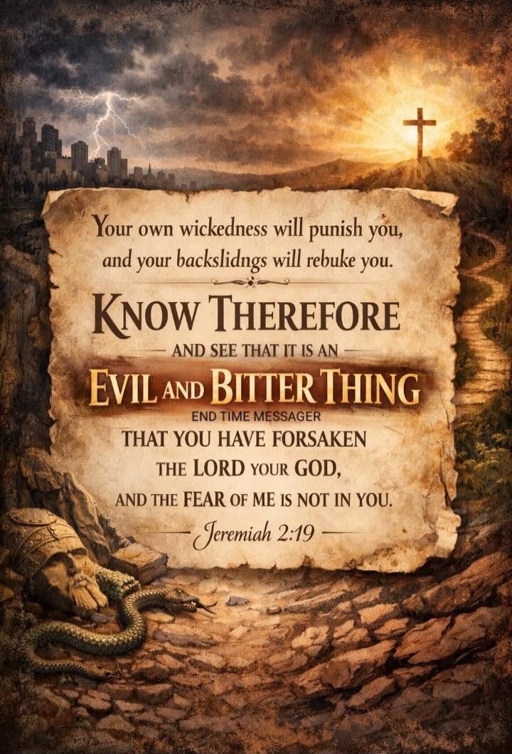 Your own wickedness will punish you, and your backslidings will rebuke you. KNOW THEREFORE AND SEE THAT IT IS AN EVIL AND BITTER THING END TIME MESSAGER THAT YOU HAVE FORSAKEN THE LORD YOUR GOD, AND THE FEAR OF ME IS NOT IN YOU. Jeremiah 2:19