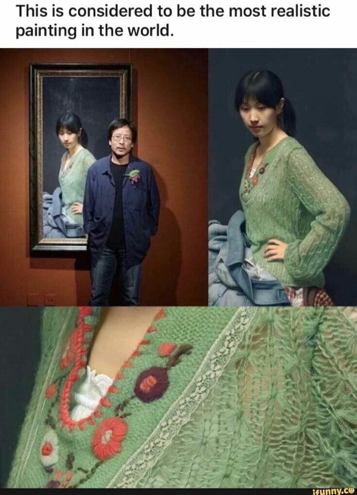 This is considered to be the most realistic painting in the world. The image shows a man standing next to a framed artwork that depicts a woman, appearing so realistic it could be mistaken for a mirror reflection. Close-up shots highlight the intricate details of the woman's green knitted sweater, emphasizing the hyperrealistic quality of the paint