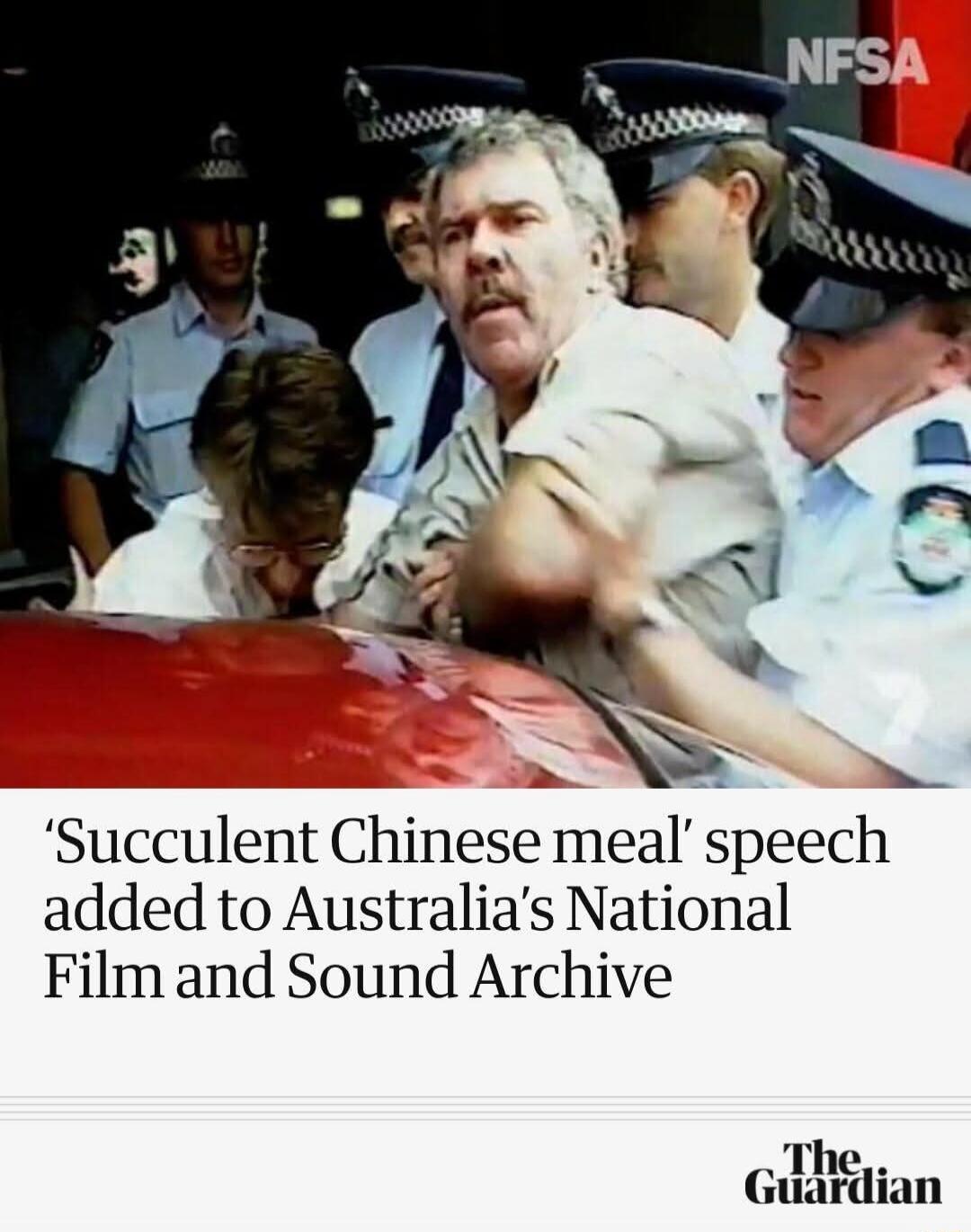 NFSA. 'Succulent Chinese meal' speech added to Australia's National Film and Sound Archive. The Guardian. The image depicts a man, Jack Karlson, being escorted by police officers, a scene associated with his famous viral quote.