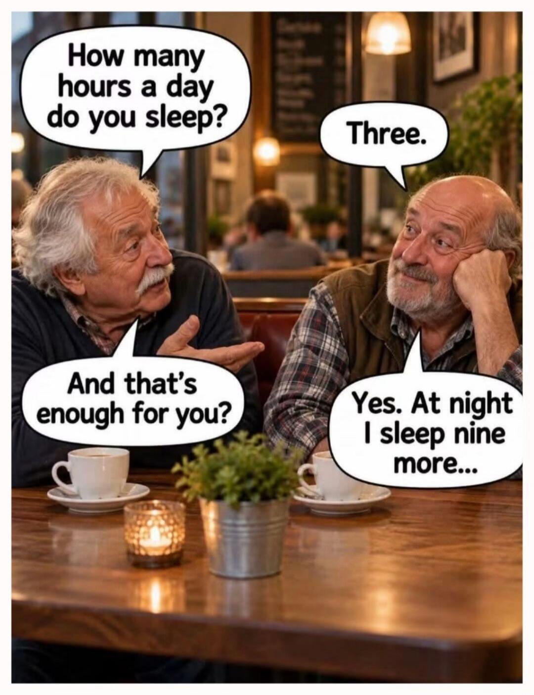 How many hours a day do you sleep? Three. And that's enough for you? Yes. At night I sleep nine more...
