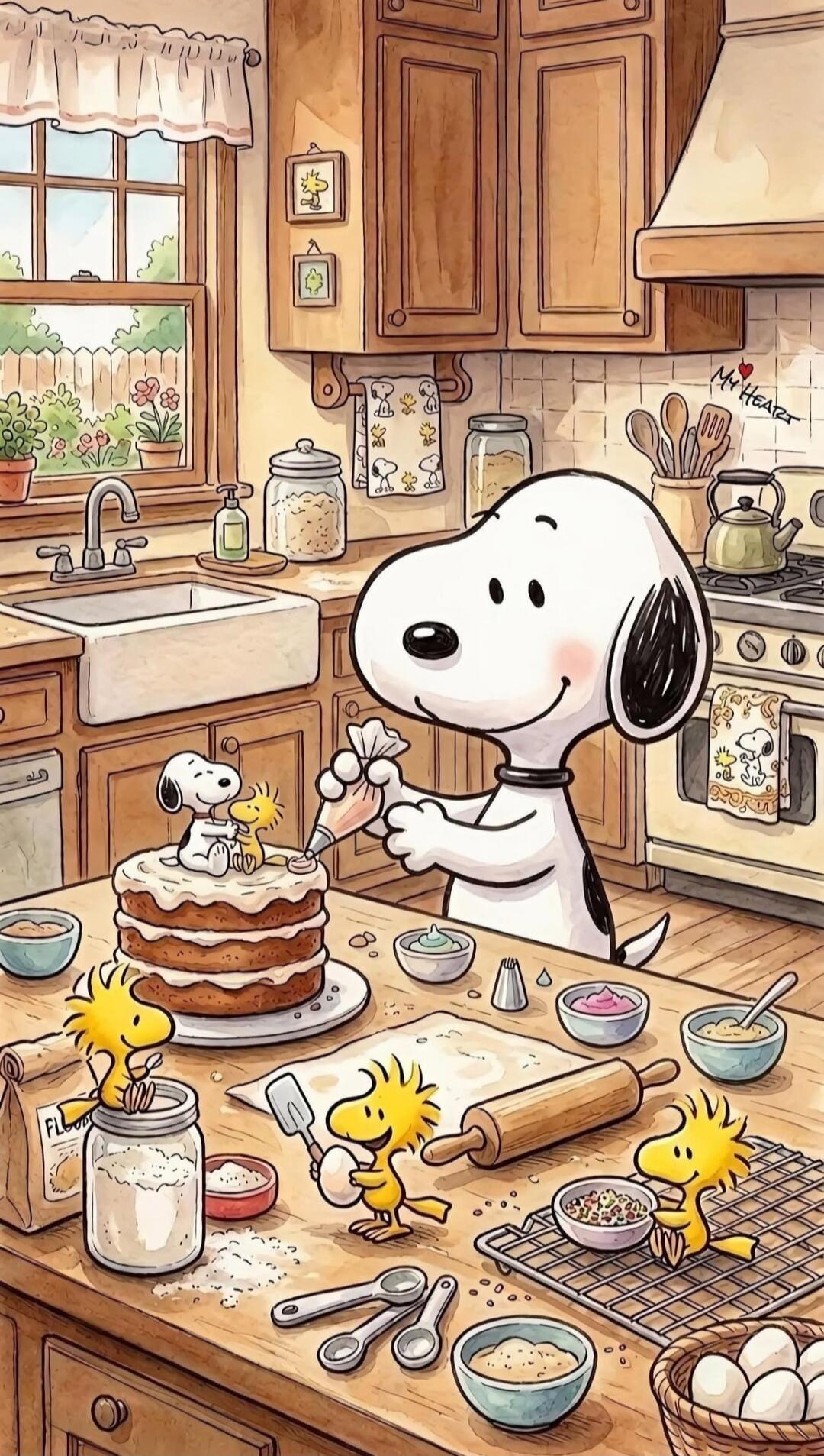 My Heart. Snoopy and Woodstock are baking a cake in a cozy kitchen. Snoopy is decorating a two-layer cake with white frosting using a piping bag, while a smaller Snoopy and Woodstock are sitting on top of the cake. Other Woodstocks are helping with ingredients like flour and eggs on the wooden counter. The kitchen has wooden cabinets, a sink, and a