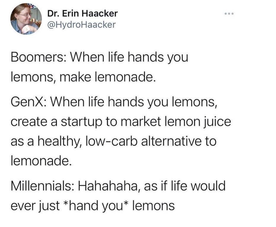 Dr Erin Haacker HydroHaacker Boomers When life hands you lemons make lemonade GenX When life hands you lemons create a startup to market lemon juice as a healthy low carb alternative to lemonade Millennials Hahahaha as if life would ever just hand you lemons