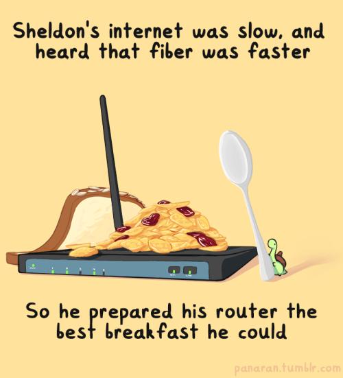 Sheldons internet was slow and heard that fiber was faster So he rrepared his router the best breakfast he could