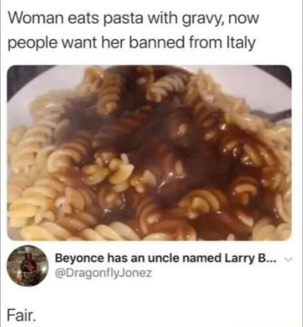 Y Daily Mirror Q pailyMirror Woman eats pasta with gravy now people want her banned from Italy DragonflyJonez Fair