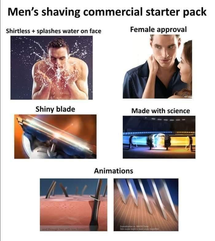 Mens shaving commercial starter pack Shirtless splashes water on face Female approval Made with science