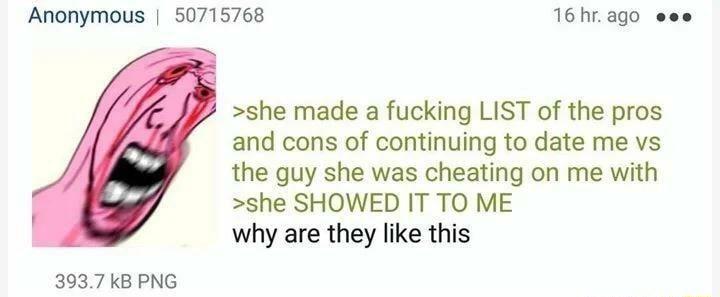 Anonymous 50715768 16hrago eee she made a fucking LIST of the pros and cons of continuing to date me vs the guy she was cheating on me with she SHOWED IT TO ME why are they like this 3937 kB PNG