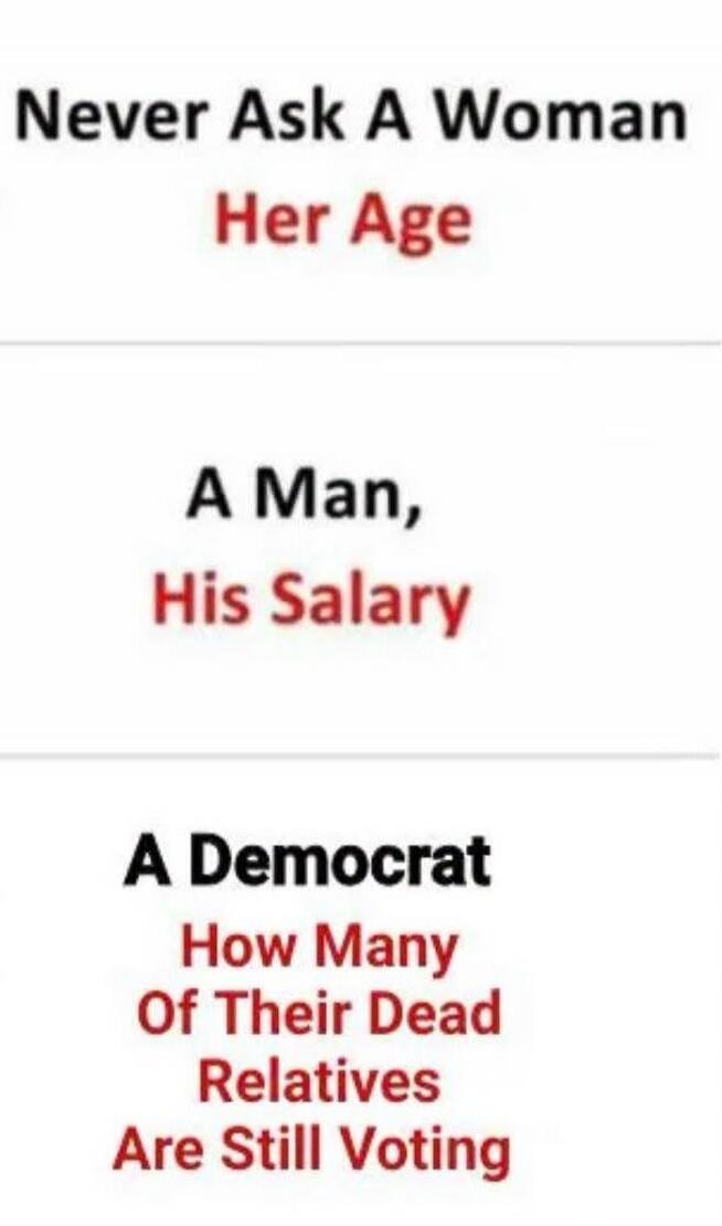 Never Ask A Woman Her Age A Man, His Salary A Democrat How Many Of Their Dead Relatives Are Still Voting