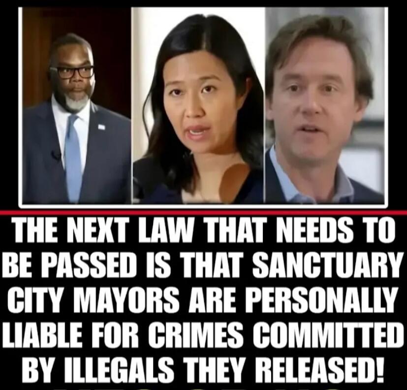 THE NEXT LAW THAT NEEDS TO BE PASSED IS THAT SANCTUARY CITY MAYORS ARE PERSONALLY LIABLE FOR CRIMES COMMITTED BY ILLEGALS THEY RELEASED!
