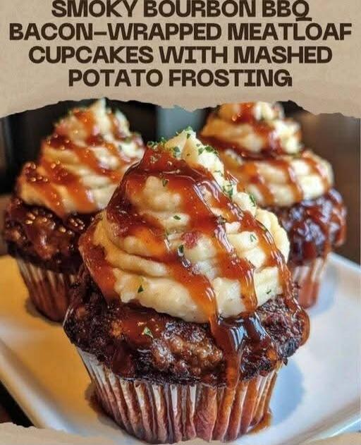 SMOKY BOURBON BBQ BACON-WRAPPED MEATLOAF CUPCAKES WITH MASHED POTATO FROSTING