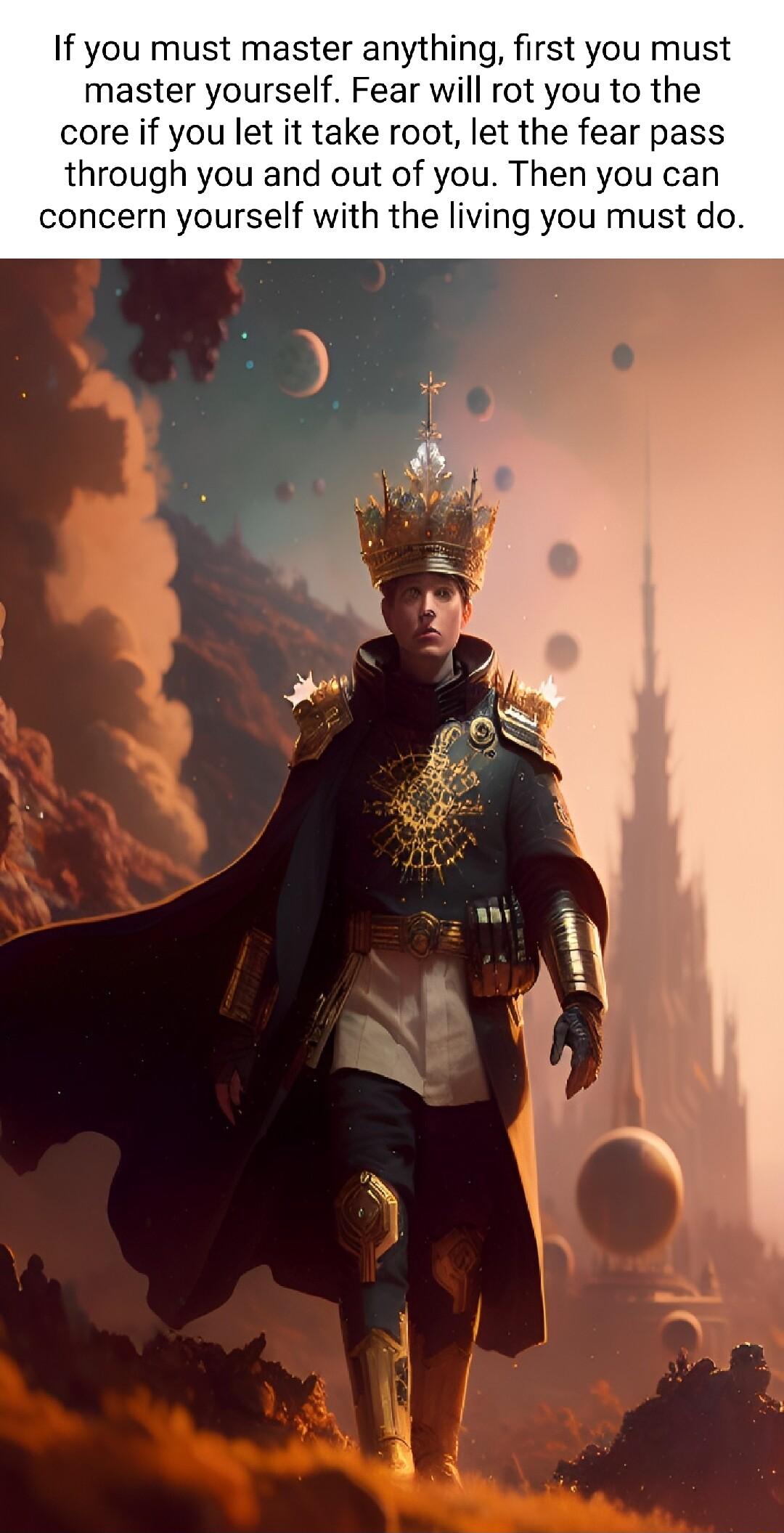 If you must master anything first you must master yourself Fear will rot you to the core if you let it take root let the fear pass through you and out of you Then you can concern yourself with the living you must do