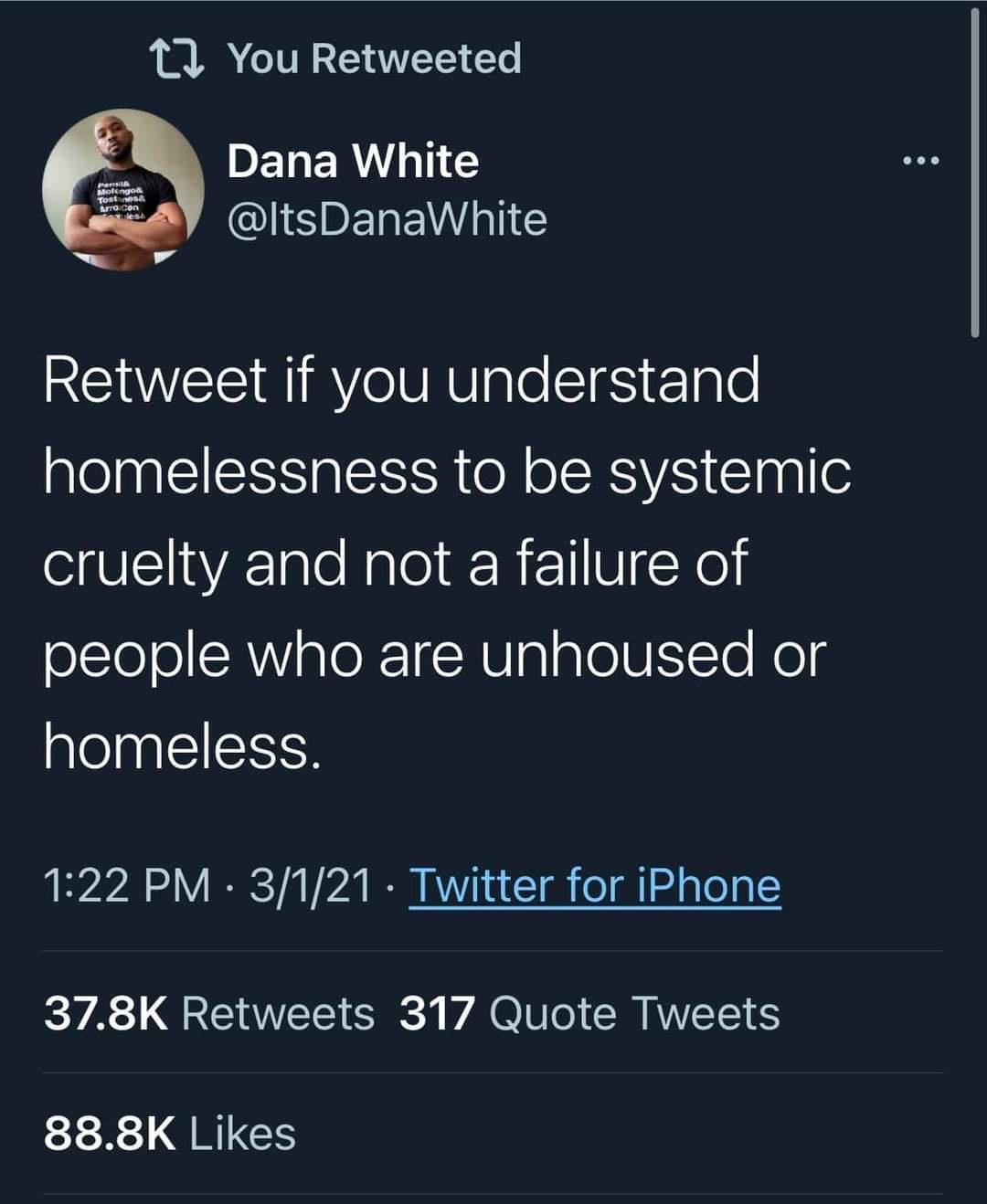 11 You Retweeted N DET R ATIE S0 OIS BET EW T i REWVEEIRIRY VRV ploSTS 1ale homelessness to be systemic VIl VA Iale Nalo R F1VIgXel people who are unhoused or homeless A o V IRC T Vo N YT T o Tl 2d a o1 YA QT CEE G VARV CR A EE S 888K Likes