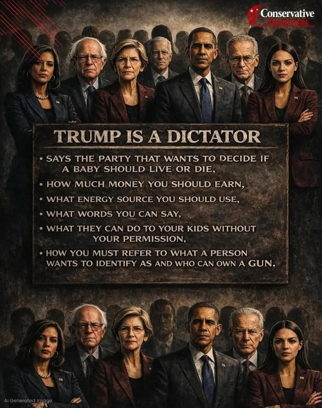 TRUMP IS A DICTATOR
- SAYS THE PARTY THAT WANTS TO DECIDE IF A BABY SHOULD LIVE OR DIE,
- HOW MUCH MONEY YOU SHOULD EARN,
- WHAT ENERGY SOURCE YOU SHOULD USE,
- WHAT WORDS YOU CAN SAY,
- WHAT THEY CAN DO TO YOUR KIDS WITHOUT YOUR PERMISSION,
- HOW YOU MUST REFER TO WHAT A PERSON WANTS TO IDENTIFY AS AND WHO CAN OWN A GUN.
