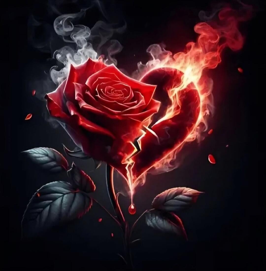 A red rose with flames forming a heart shape around it.