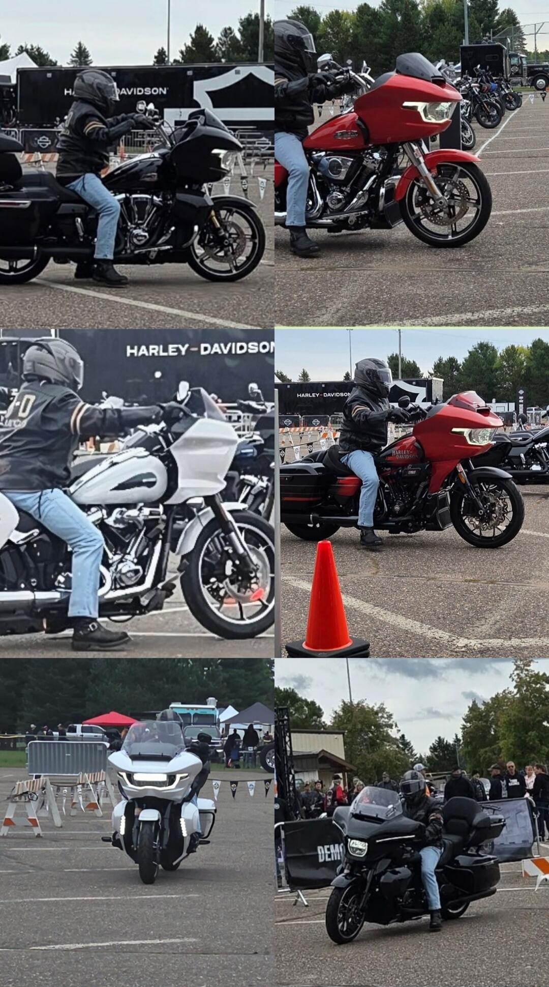 People are riding Harley-Davidson motorcycles at an outdoor event, possibly a demo or training course. Several motorcycles in black, red, and white colors are visible. Riders are wearing helmets and protective gear. Banners with 'HARLEY-DAVIDSON' and 'DEMO' logos are in the background.