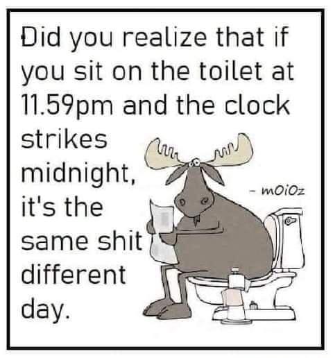 Did you realize that if you sit on the toilet at 1159pm and the clock strikes 1 midnight g its the same shit different day