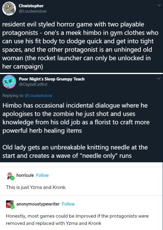 Chwistopher 6 T TS 3 T Mol g o Tl E T RV G R Ao N o EVE o protagonists ones a meek himbo in gym clothes who 1 VRN TER 1 oTeTe VA oo ee e We VT sl Ne R e 11 spaces and the other protagonist is an unhinged old woman the rocket launcher can only be unlocked in LT ToETTe Poor Nights Sleep Grumpy Teach Himbo has occasional incidental dialogue where he ETelel T E0 R G TR ey TN R TR S Tl Ty Te VS knowled