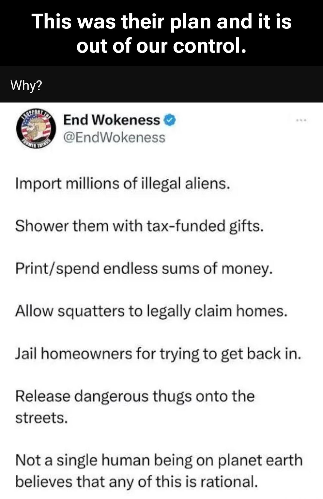 This was their plan and it is out of our control. Why? End Wokeness @EndWokeness Import millions of illegal aliens. Shower them with tax-funded gifts. Print/spend endless sums of money. Allow squatters to legally claim homes. Jail homeowners for trying to get back in. Release dangerous thugs onto the streets. Not a single human being on planet eart