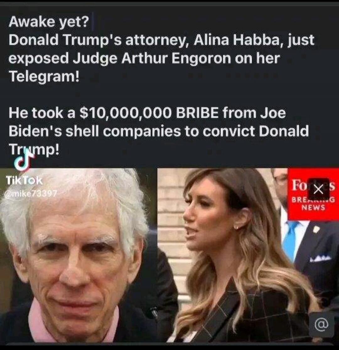 Awake yet? Donald Trump's attorney, Alina Habba, just exposed Judge Arthur Engoron on her Telegram! He took a $10,000,000 BRIBE from Joe Biden's shell companies to convict Donald Trump! TikTok @mike73397. Fox Breaking News.