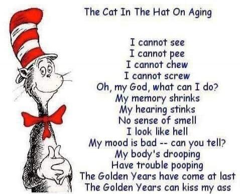 The Cat In The Hat On Aging

I cannot see
I cannot pee
I cannot chew
I cannot screw
Oh, my God, what can I do?
My memory shrinks
My hearing stinks
No sense of smell
I look like hell
My mood is bad -- can you tell?
My body's dropping
Have trouble pooping
The Golden Years have come at last
The Golden Years can kiss my ass