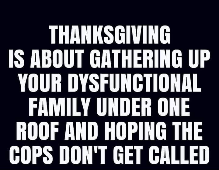 THANKSGIVING IS ABOUT GATHERING UP YOUR DYSFUNGTIONAL FAMILY UNDER ONE ROOF AND HOPING THE GOPS DONT GET CALLED