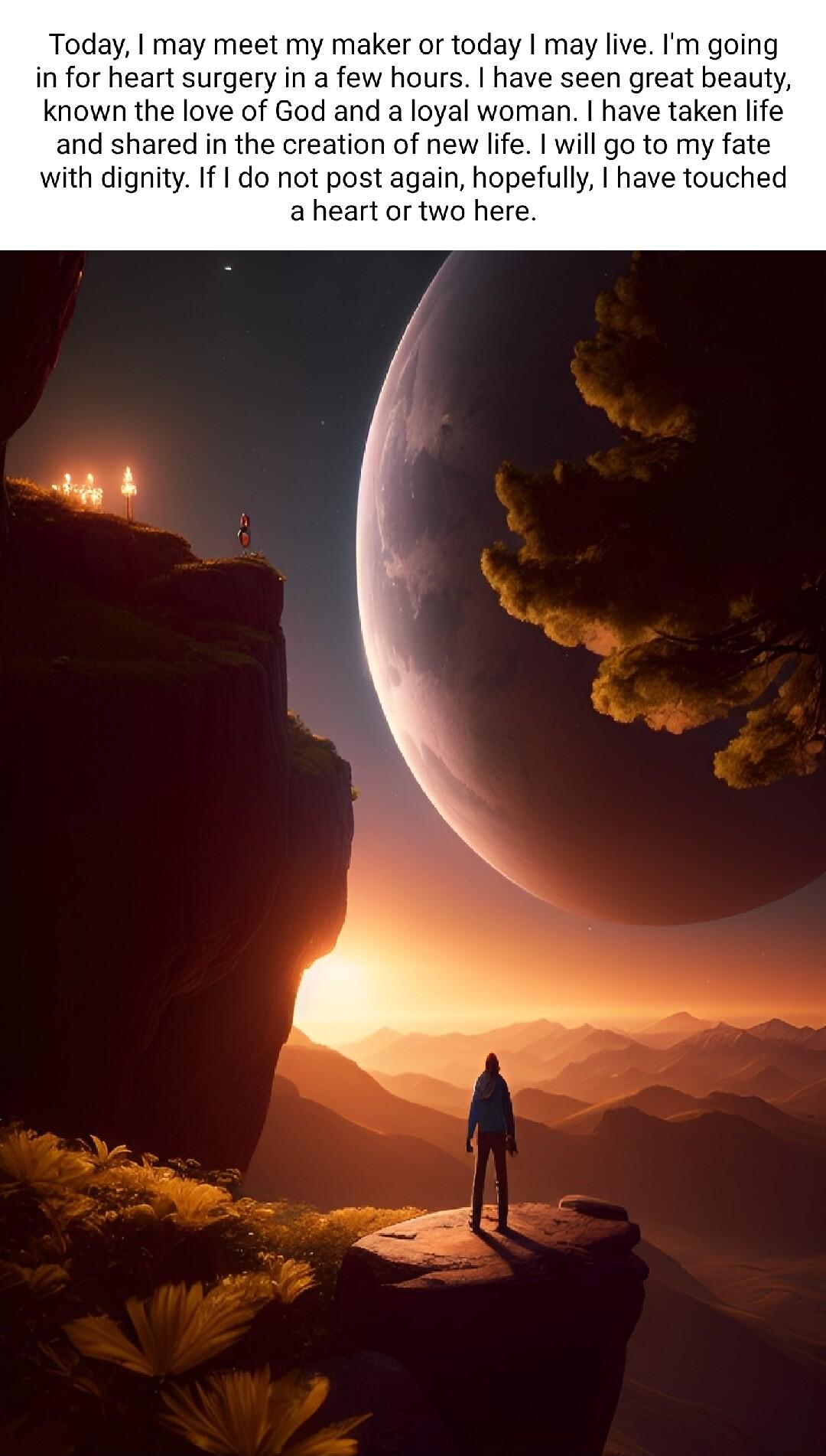 Today may meet my maker or today may live Im going in for heart surgery in a few hours have seen great beauty known the love of God and a loyal woman have taken life and shared in the creation of new life will go to my fate with dignity If 1 do not post again hopefully have touched a heart or two here aah