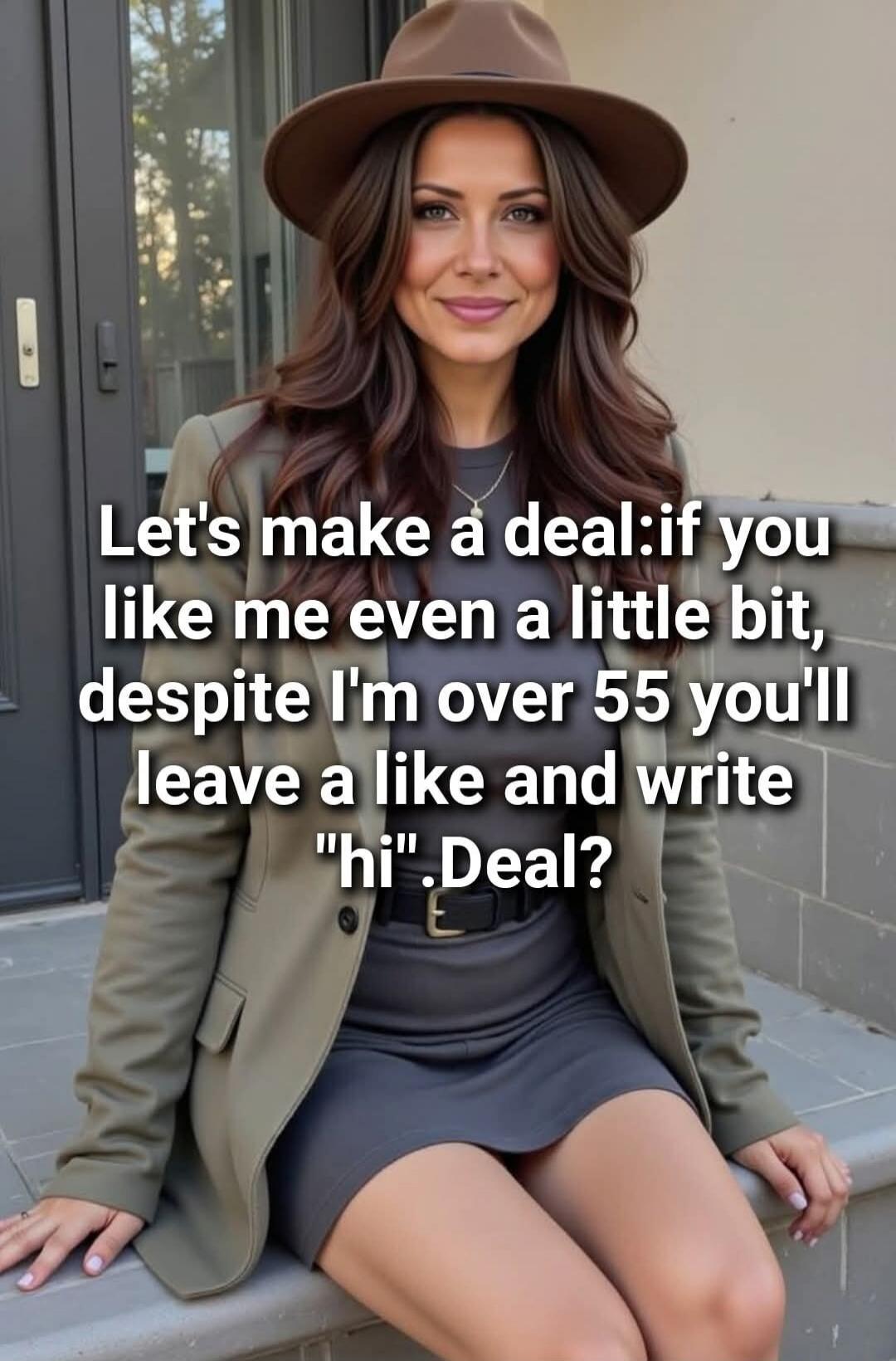 Let's make a deal: if you like me even a little bit, despite I'm over 55 you'll leave a like and write 'hi'. Deal?