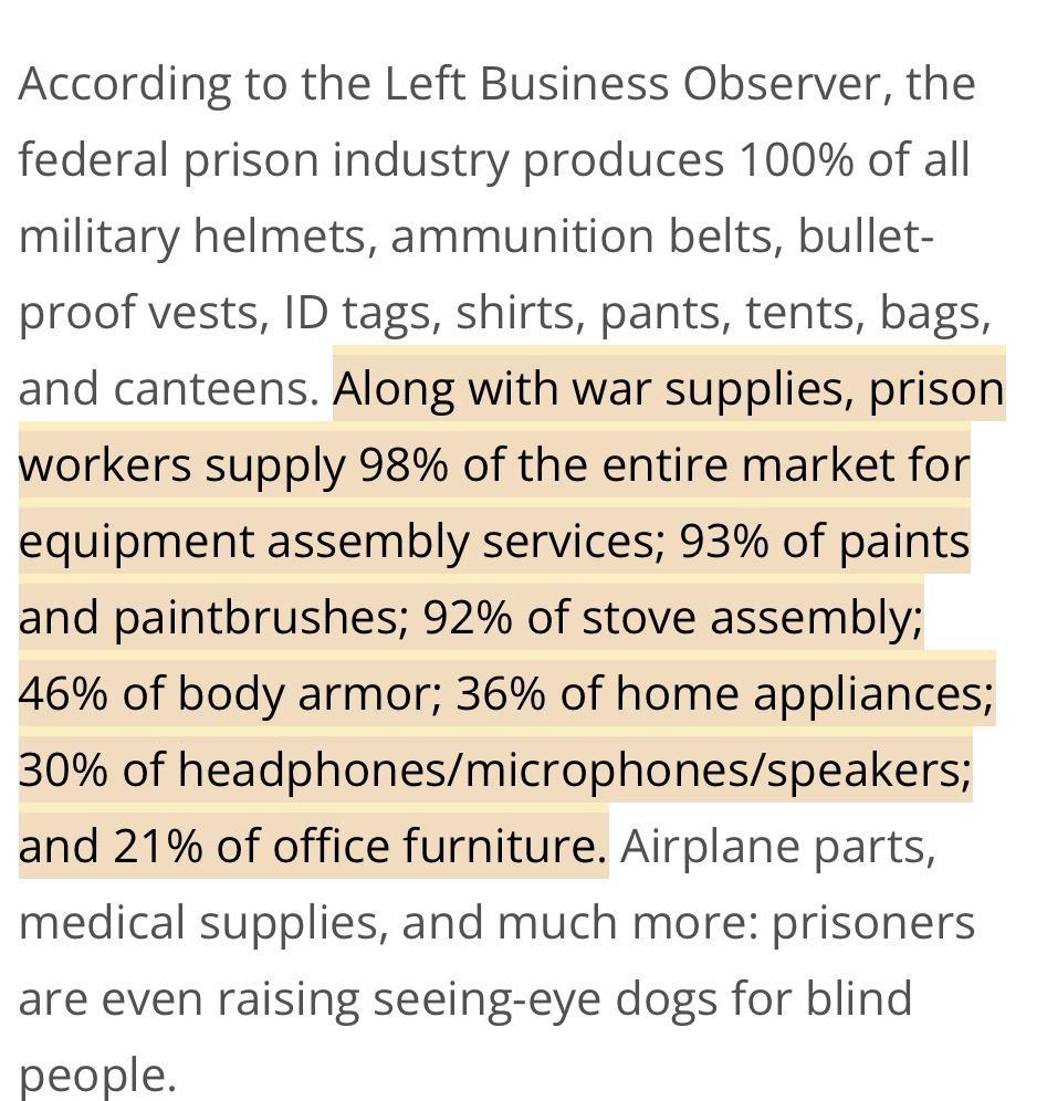 According to the Left Business Observer the federal prison industry produces 100 of all military helmets ammunition belts bullet proof vests ID tags shirts pants tents bags and canteens Along with war supplies prison workers supply 98 of the entire market for equipment assembly services 93 of paints and paintbrushes 92 of stove assembly 46 of body armor 36 of home appliances 30 of headphonesmicrop