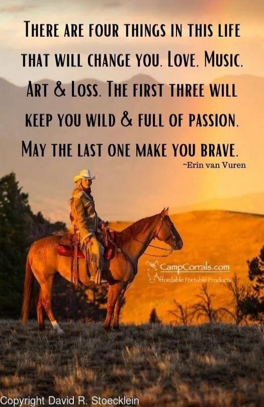 THERE ARE FOUR THINGS IN THIS LIFE THAT WILL CHANGE YOU. LOVE. MUSIC. ART & LOSS. THE FIRST THREE WILL KEEP YOU WILD & FULL OF PASSION. MAY THE LAST ONE MAKE YOU BRAVE. ~Erin van Vuren. CampCorrals.com Affordable Portable Products. Copyright David R. Stoecklein.
