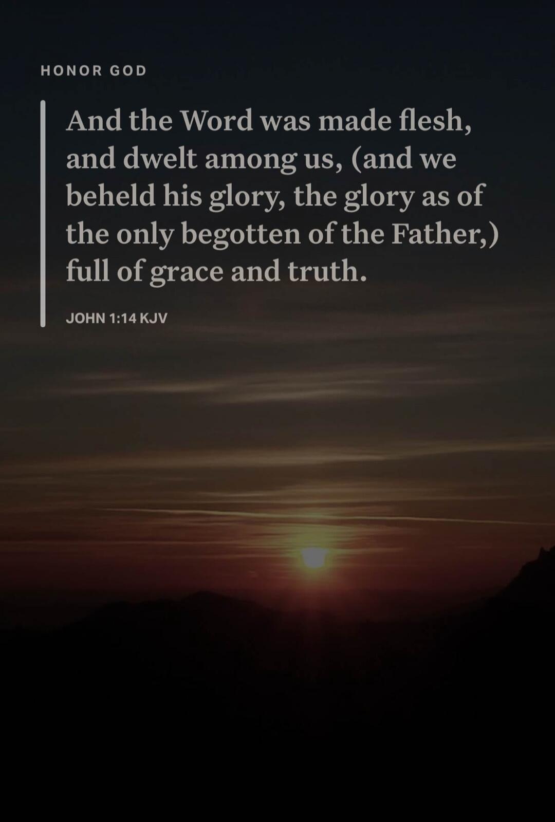 HONOR GOD. And the Word was made flesh, and dwelt among us, (and we beheld his glory, the glory as of the only begotten of the Father,) full of grace and truth. JOHN 1:14 KJV