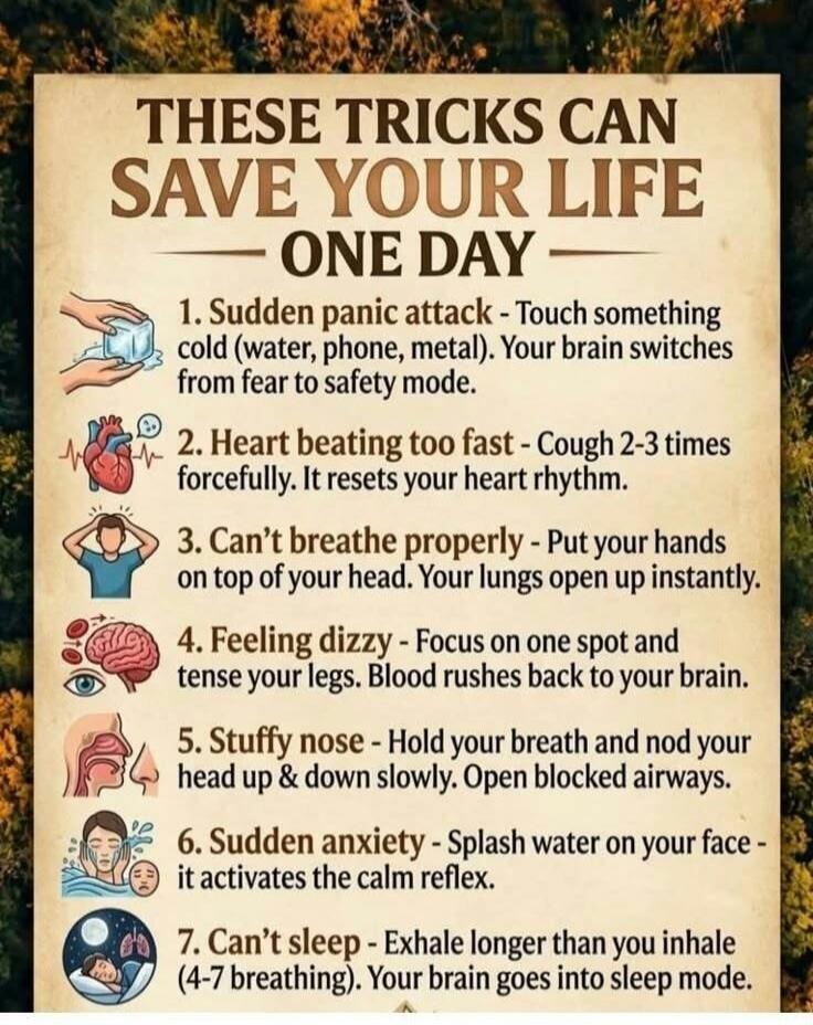 THESE TRICKS CAN SAVE YOUR LIFE ONE DAY
1. Sudden panic attack - Touch something cold (water, phone, metal). Your brain switches from fear to safety mode.
2. Heart beating too fast - Cough 2-3 times forcefully. It resets your heart rhythm.
3. Can't breathe properly - Put your hands on top of your head. Your lungs open up instantly.
4. Feeling dizzy