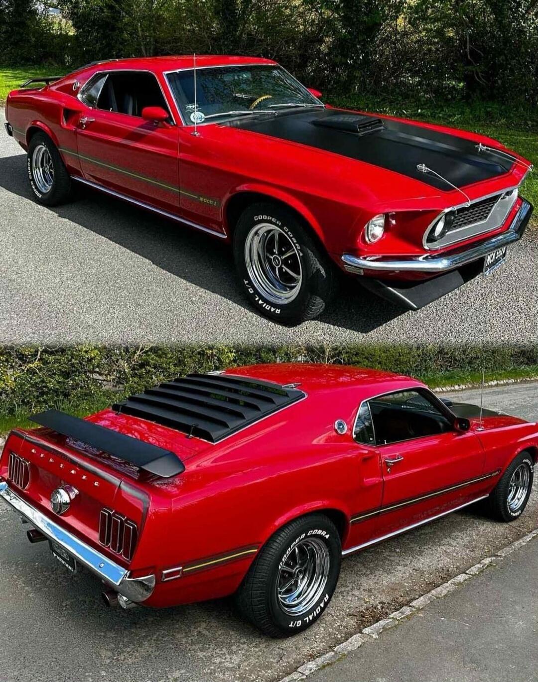 Red classic Ford Mustang muscle car.