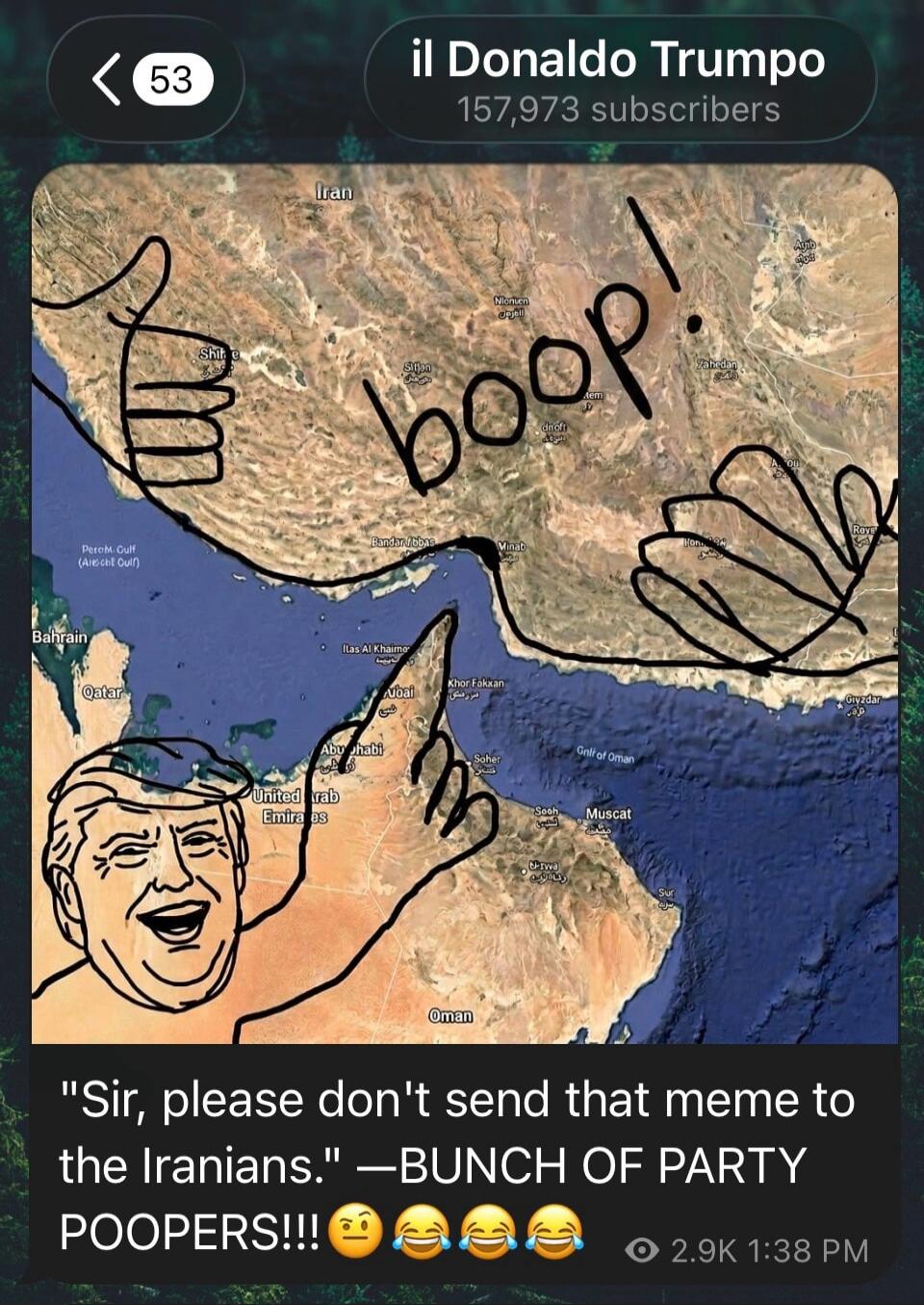 il Donaldo Trumpo 157,973 subscribers. The image shows a map of the Middle East with cartoon hands drawn over it. One hand, resembling Donald Trump's, points at Iran with the word 'boop!' written over it. Another hand gives a thumbs-up over Saudi Arabia, and a third hand is drawn over the Gulf of Oman. Countries visible include Iran, Bahrain, Qatar