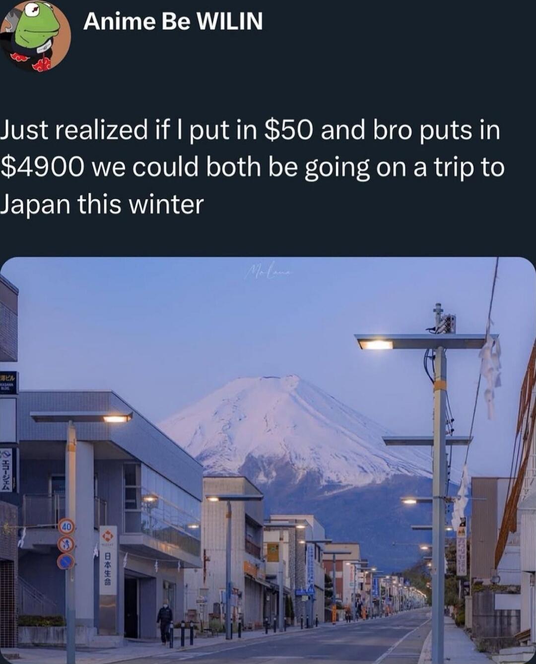 Just realized if I put in $50 and bro puts in $4900 we could both be going on a trip to Japan this winter