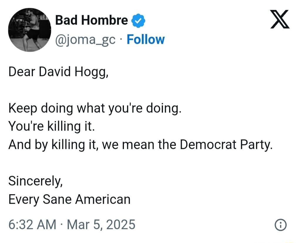 Bad Hombre joma_gc Follow Dear David Hogg Keep doing what youre doing Youre killing it And by killing it we mean the Democrat Party Sincerely Every Sane American 632 AM Mar 5 2025